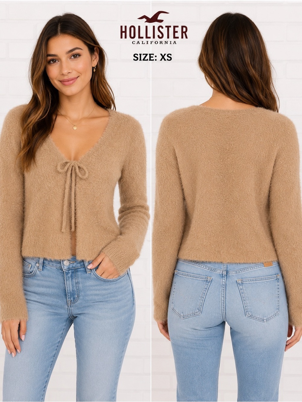 Hollister Fuzzy Tie Front Cardigan Sweater Beige Size XS Soft Cozy